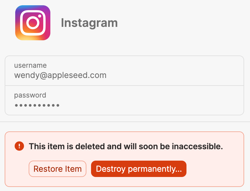 A deleted item on 1Password.com with the Restore Item option visible