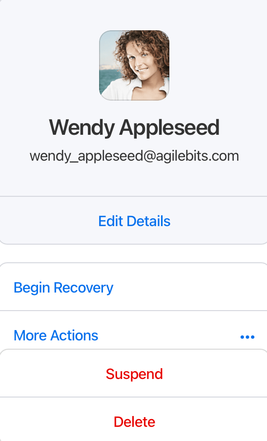 Click the name of a person, then click More Actions and choose Suspend or Delete