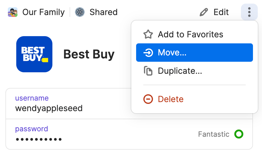The ellipsis dropdown menu for an item on 1Password.com with Move selected