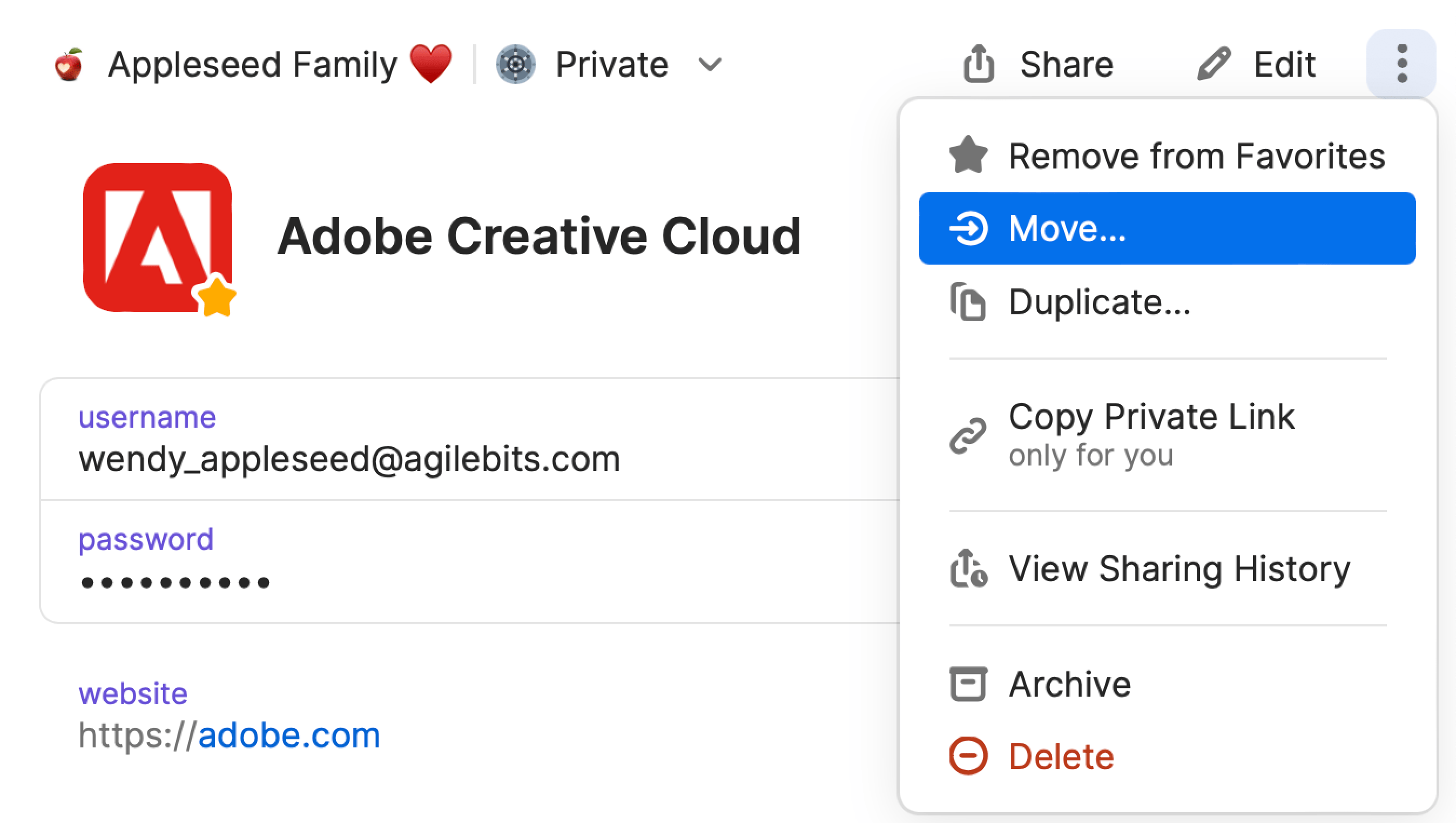 The ellipsis dropdown menu for an item on 1Password.com with Move selected