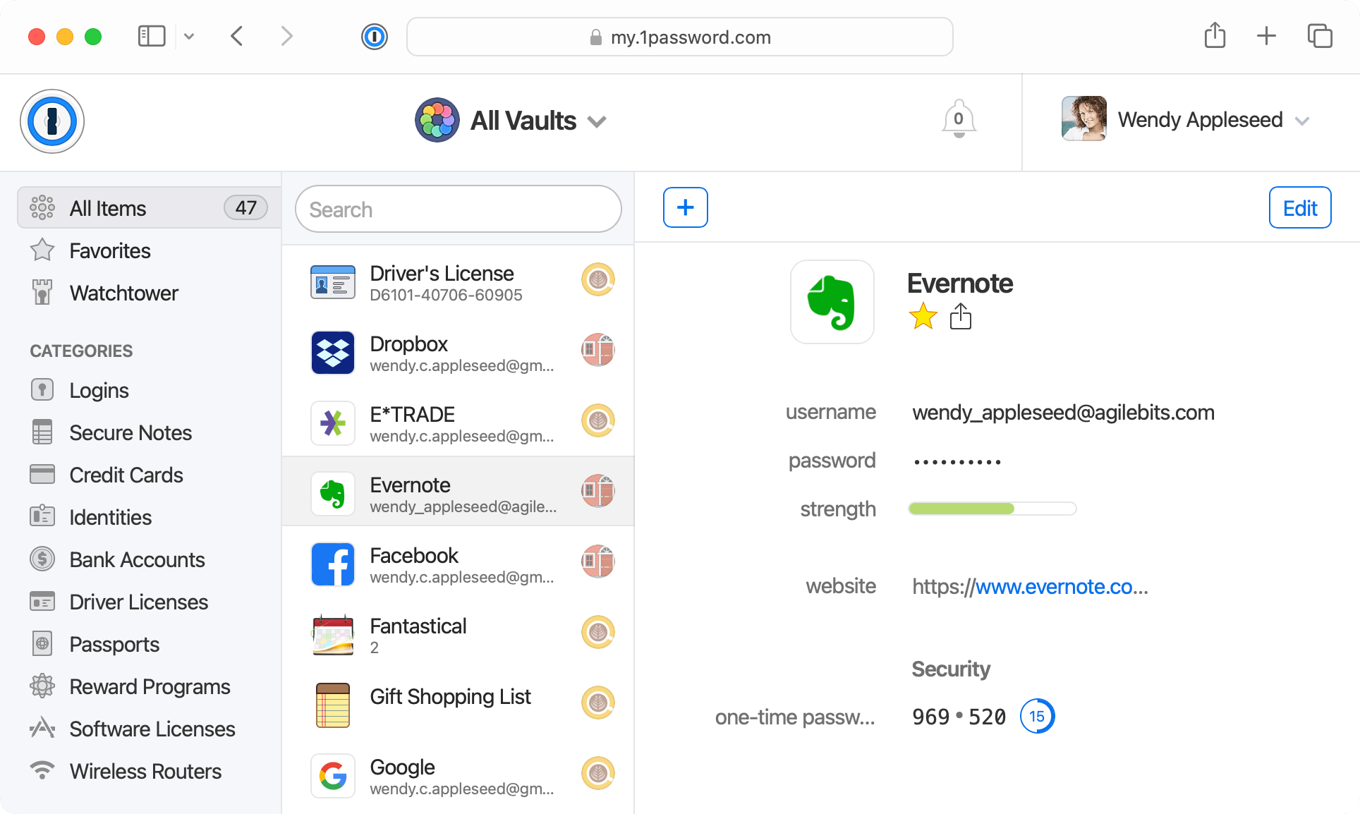All Vaults on 1Password.com showing Evernote item details