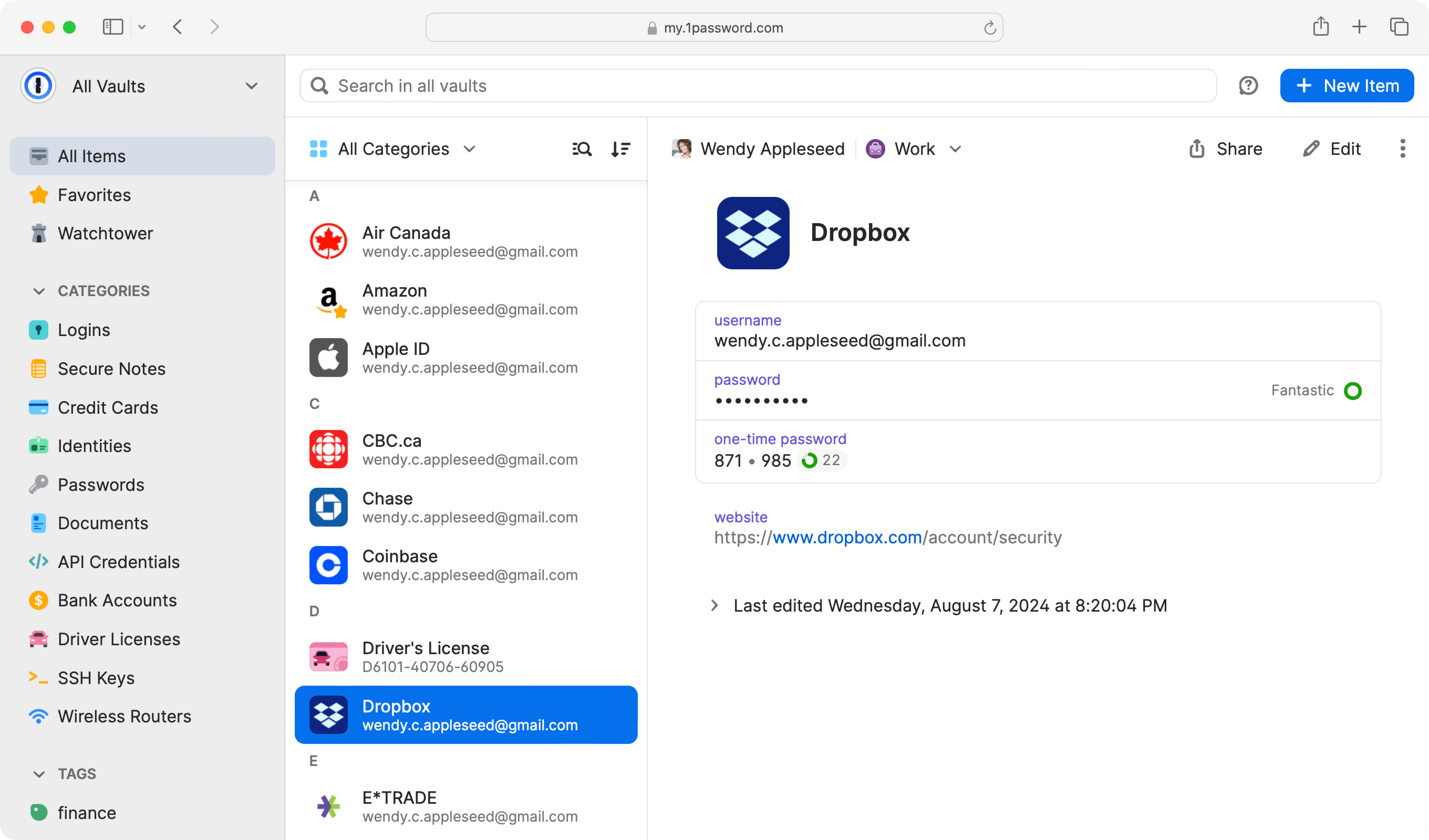 All Vaults on 1Password.com showing Dropbox item details