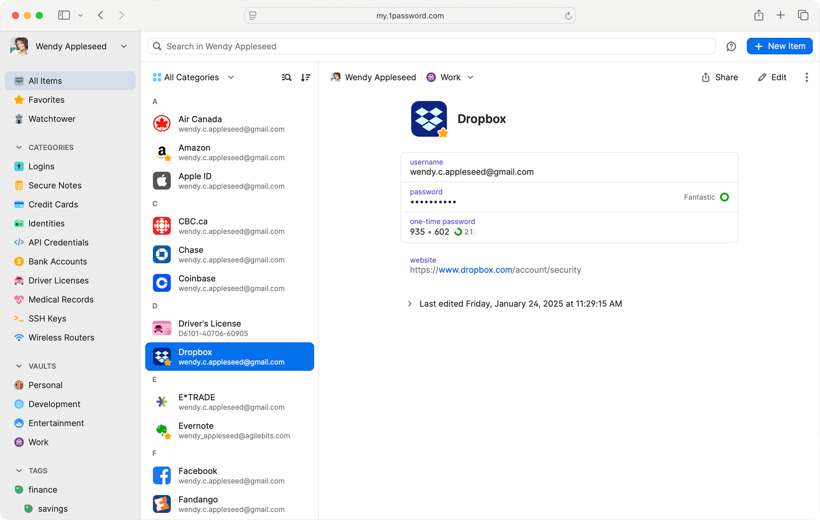 All Vaults on 1Password.com showing Dropbox item details
