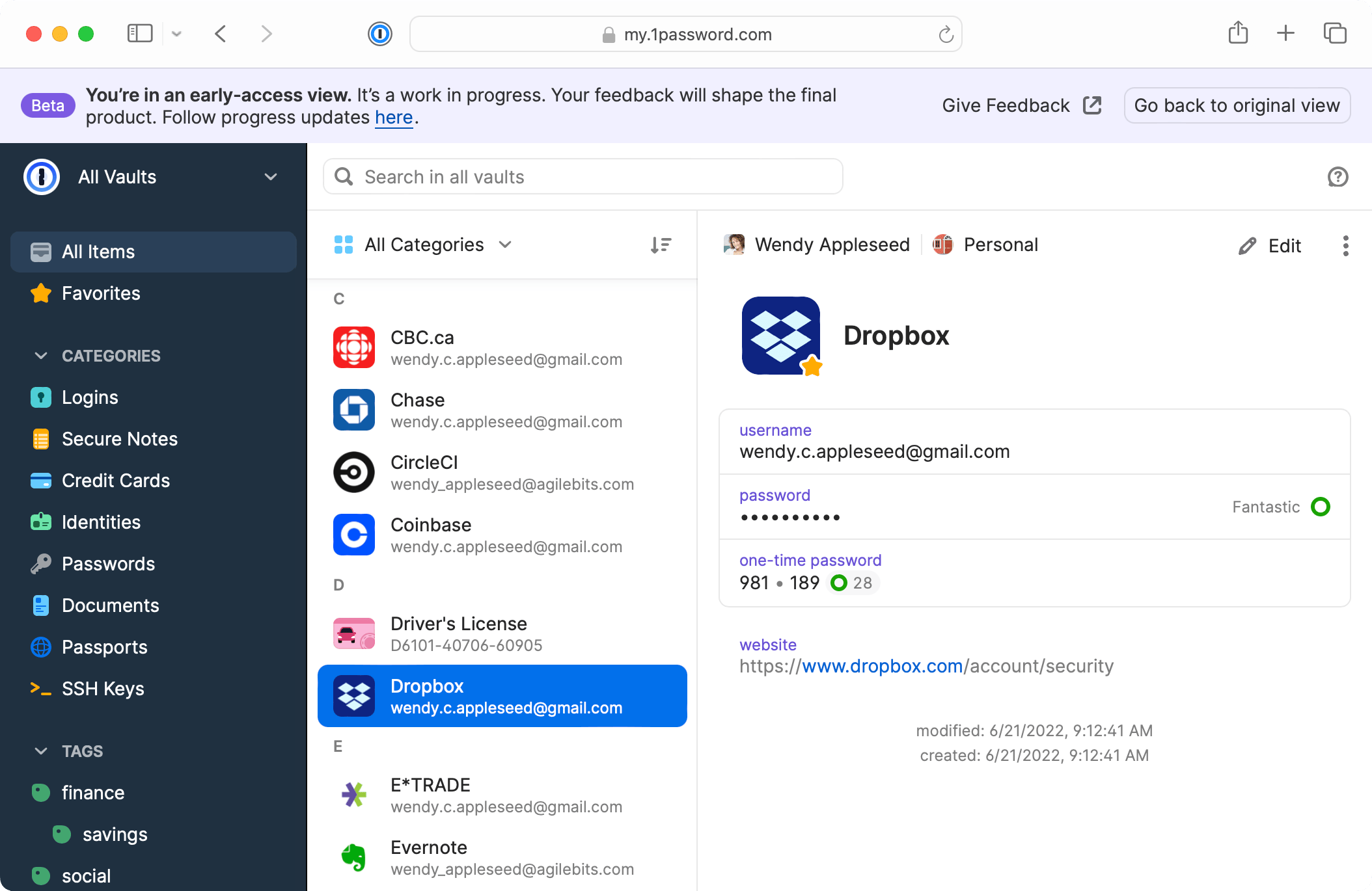 A Personal vault on 1Password.com showing Evernote item details