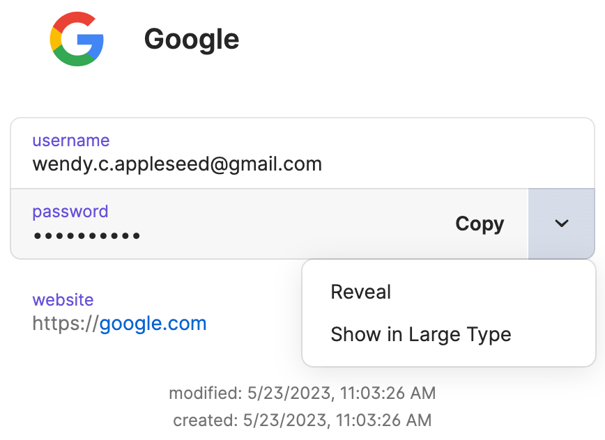 A Login item on 1Password.com with the Reveal and Show in Large Type dropdown shown