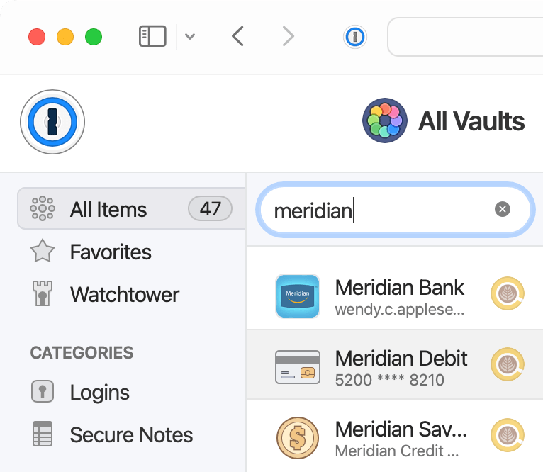 The search bar on 1Password.com with 'meridian' in the search field with three results displayed