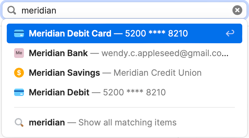 The search bar on 1Password.com with 'meridian' in the search field with four results displayed