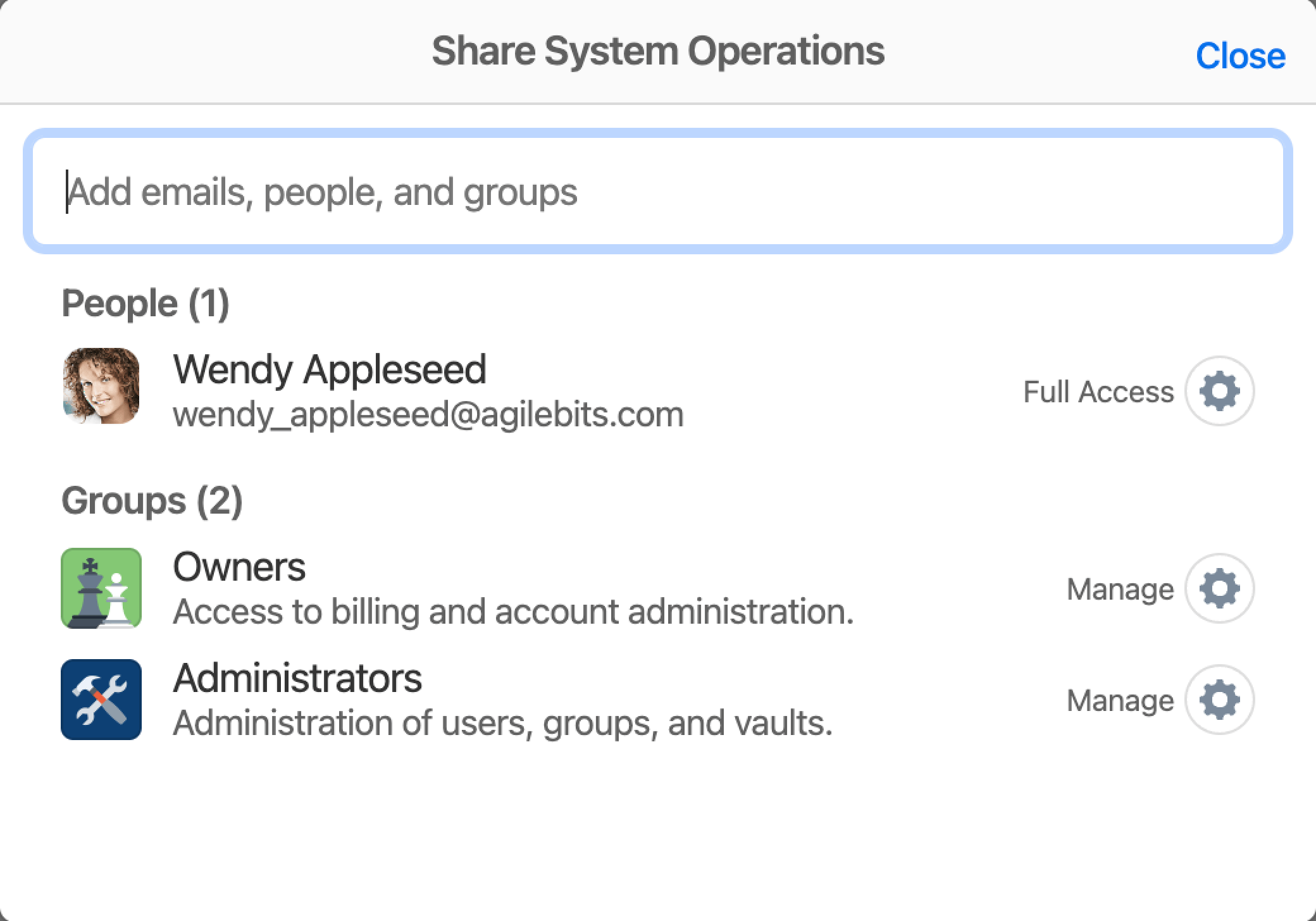 The page on 1Password.com that shows the list of team members a vault has been shared with