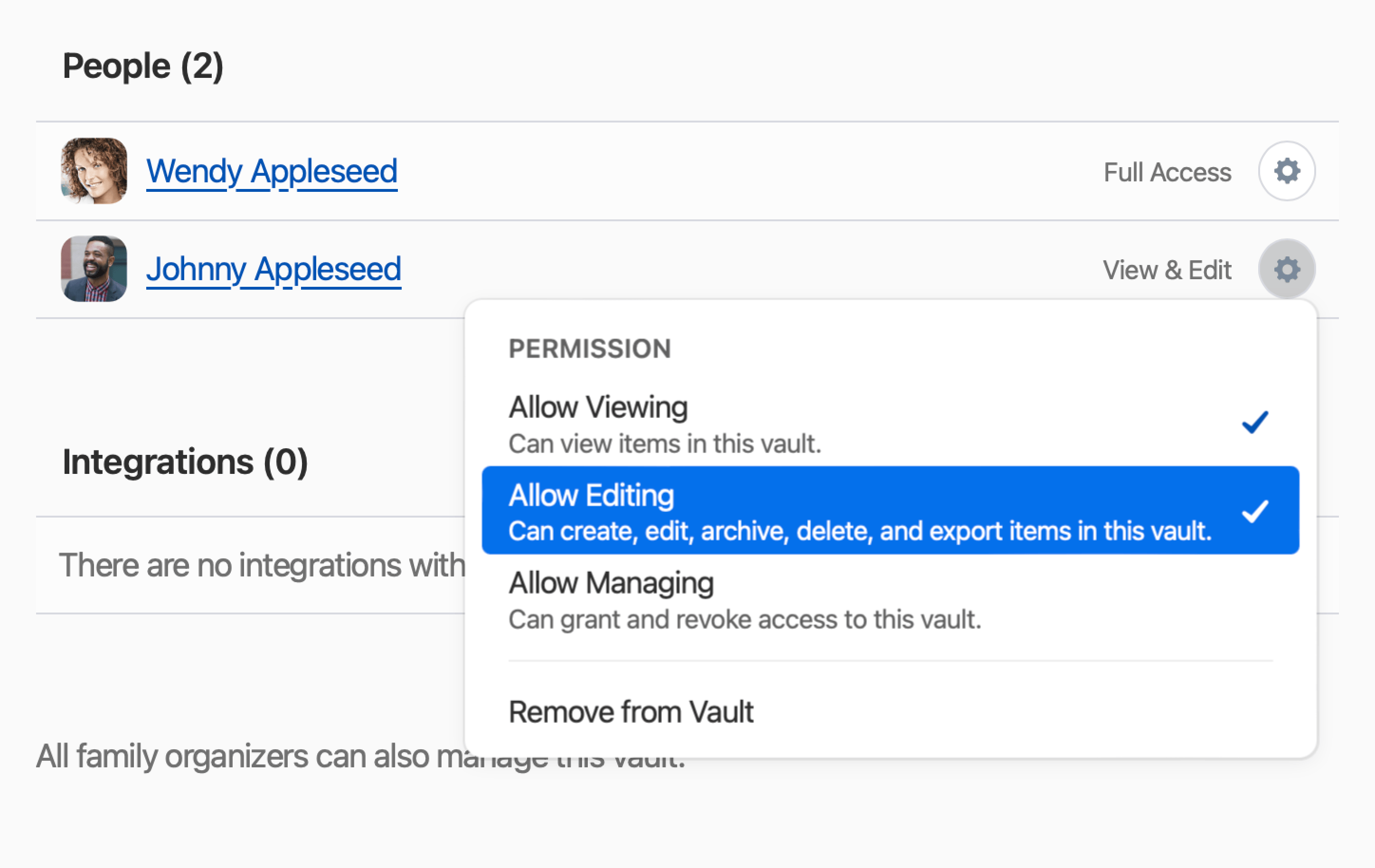 The dropdown menu for a family member's permissions in a vault with 'Allow Editing' selected on 1Password.com