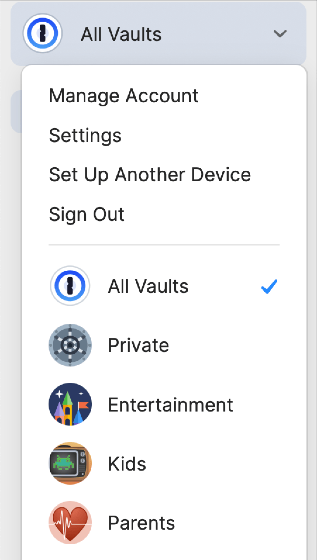 The vault dropdown menu in the sidebar on 1Password.com with the Private vault selected