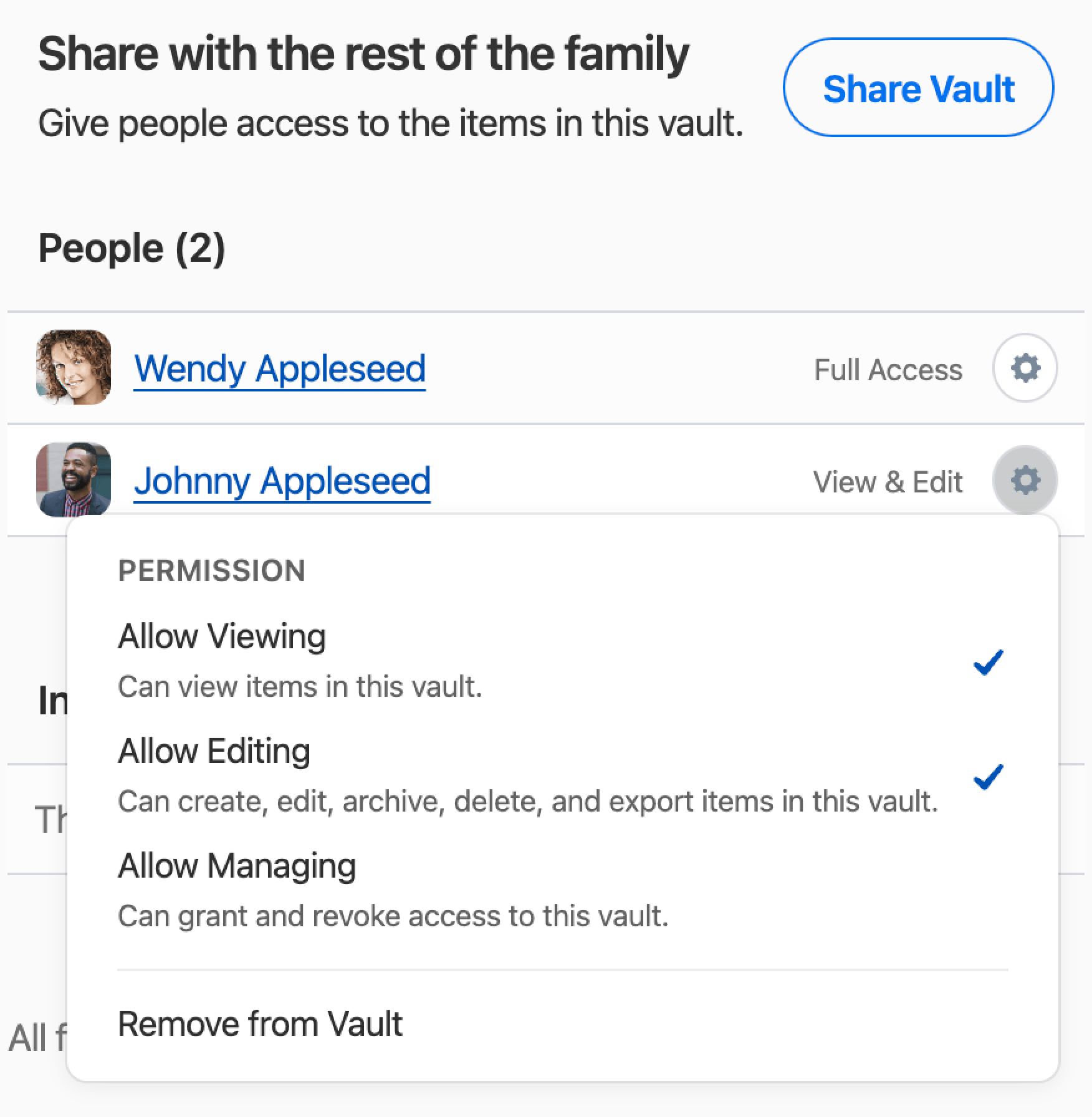 The dropdown menu showing the permissions that can be granted to a family member for a specific vault