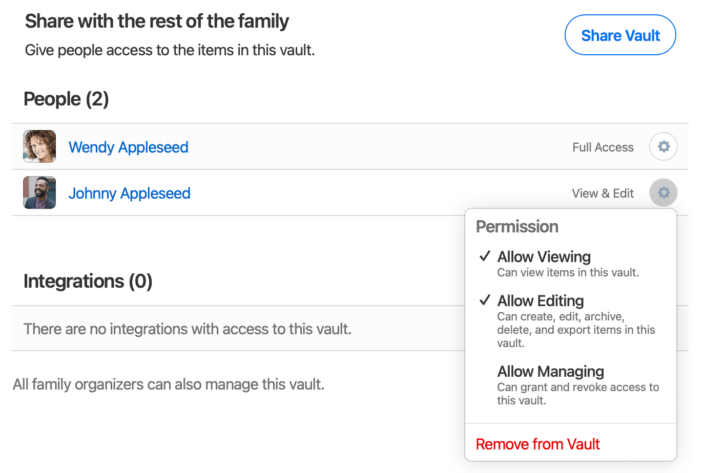 The dropdown menu showing the permissions that can be granted to a family member for a specific vault