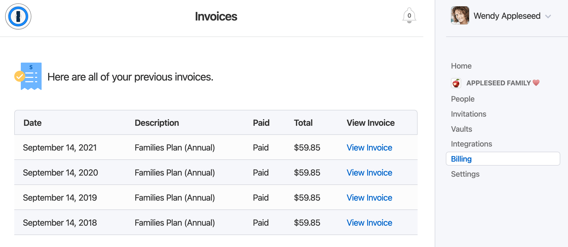 Invoices page showing a list of previous invoices