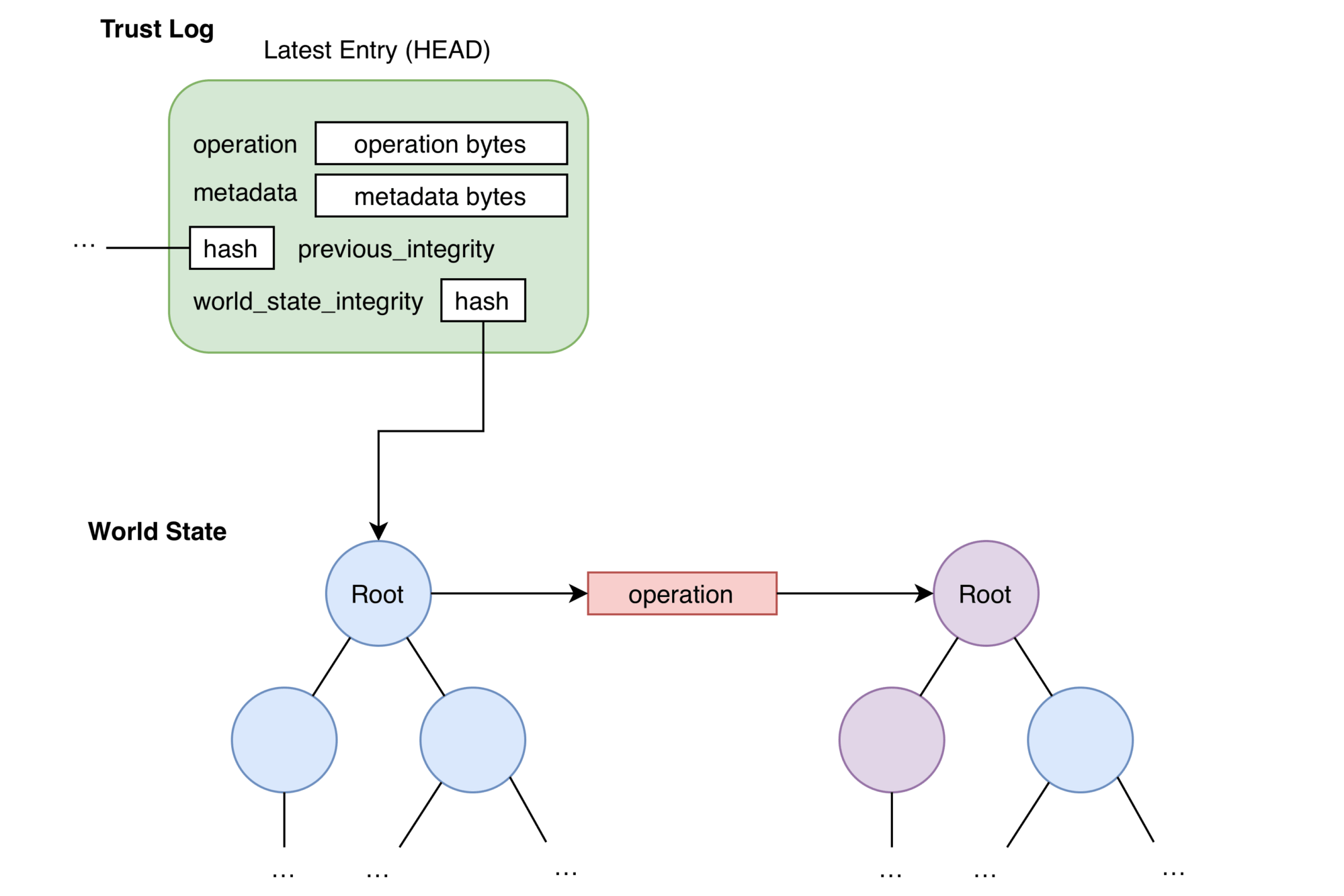 A diagram showing the path from the action in the Trust Log to the current World State and the new World State based on the operation.
