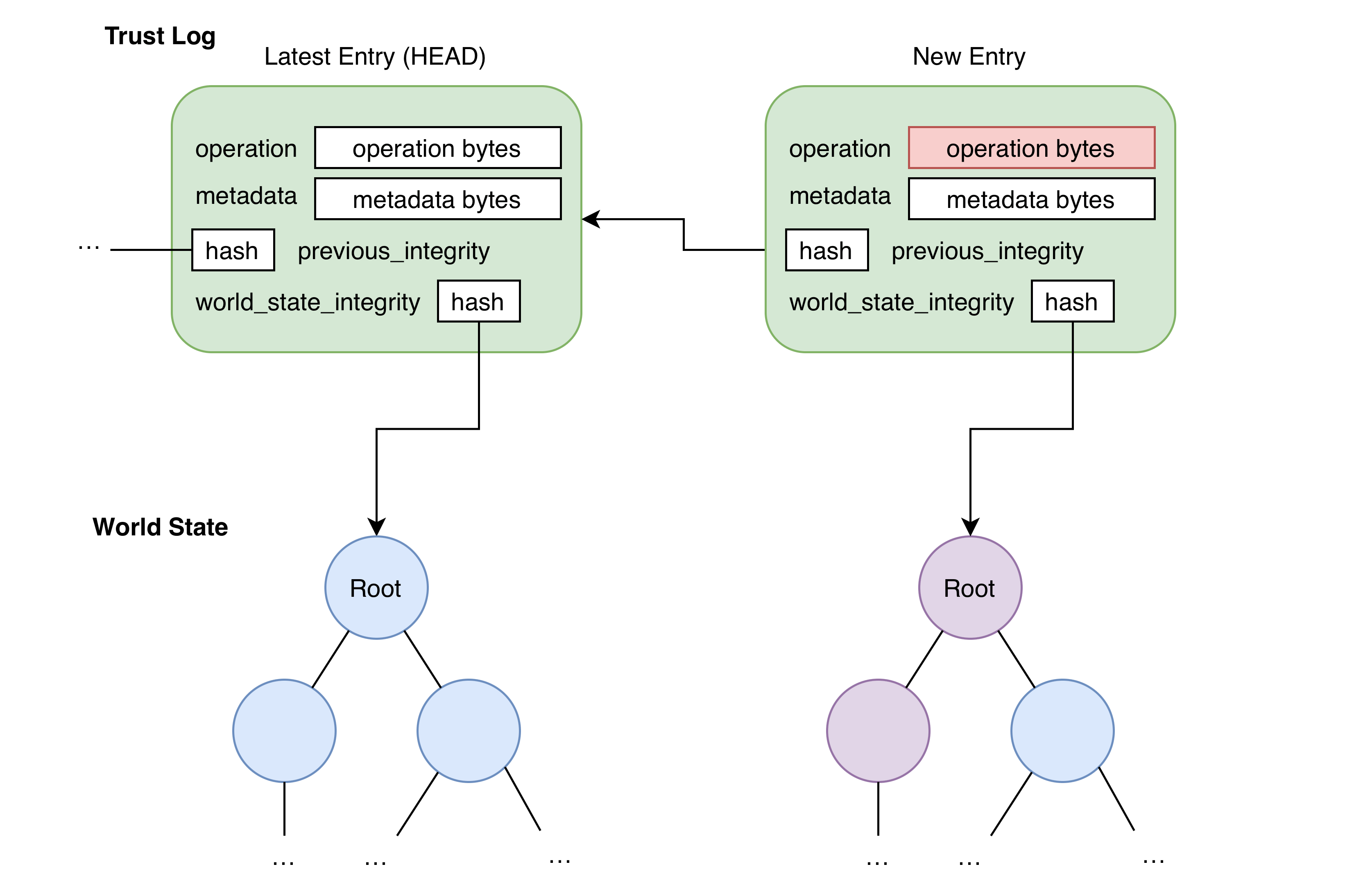 A diagram showing the path from the new entry to the latest entry, then the World State.