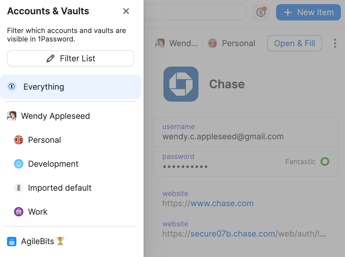 Account and vault list in the 1Password pop-up