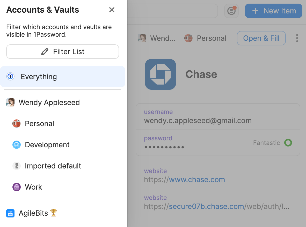 Liste des comptes et des coffres-forts dans la fenêtre contextuelle 1Password
