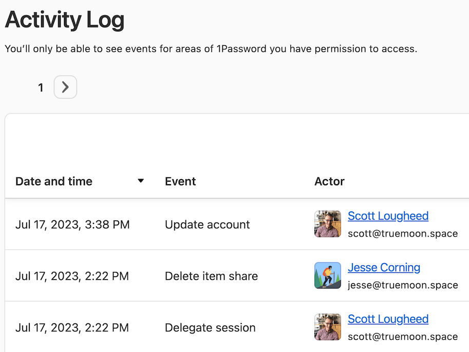 Actions listed in the Activity Log