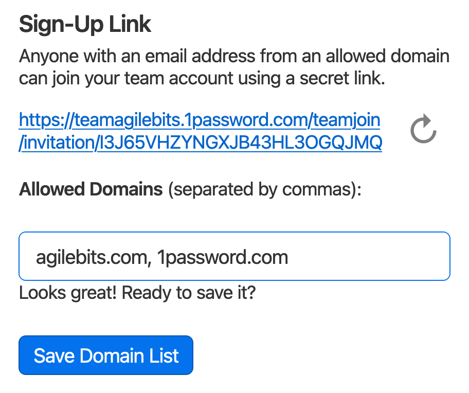 Enter or update your team's domain on 1Password.com.