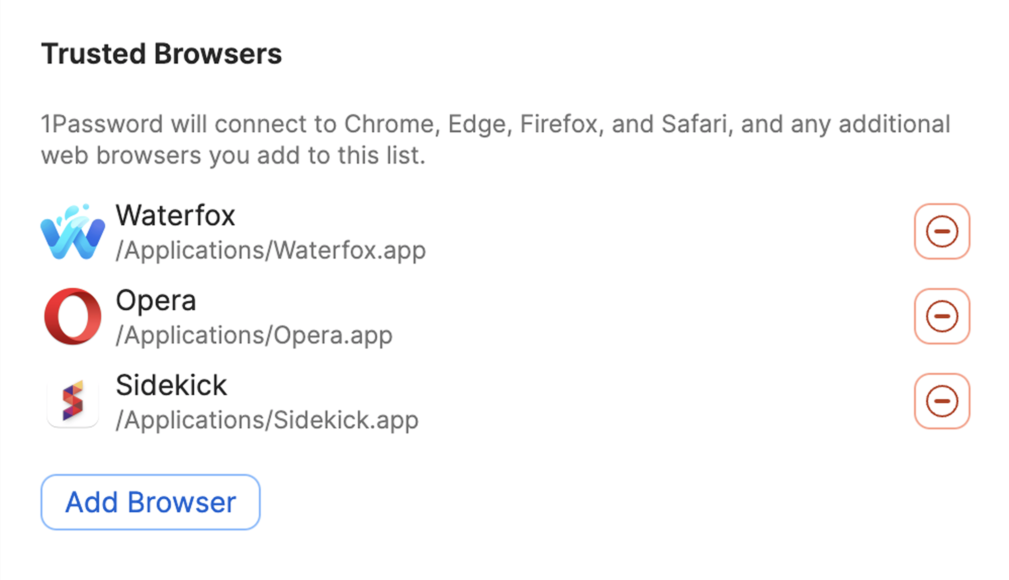 List of trusted browsers a user has connected to 1Password.