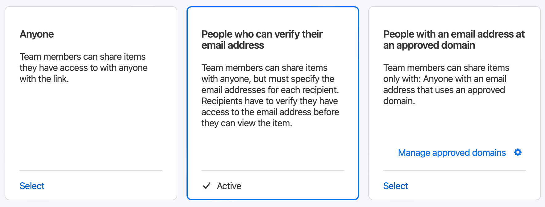 The settings to manage who your team can share items with