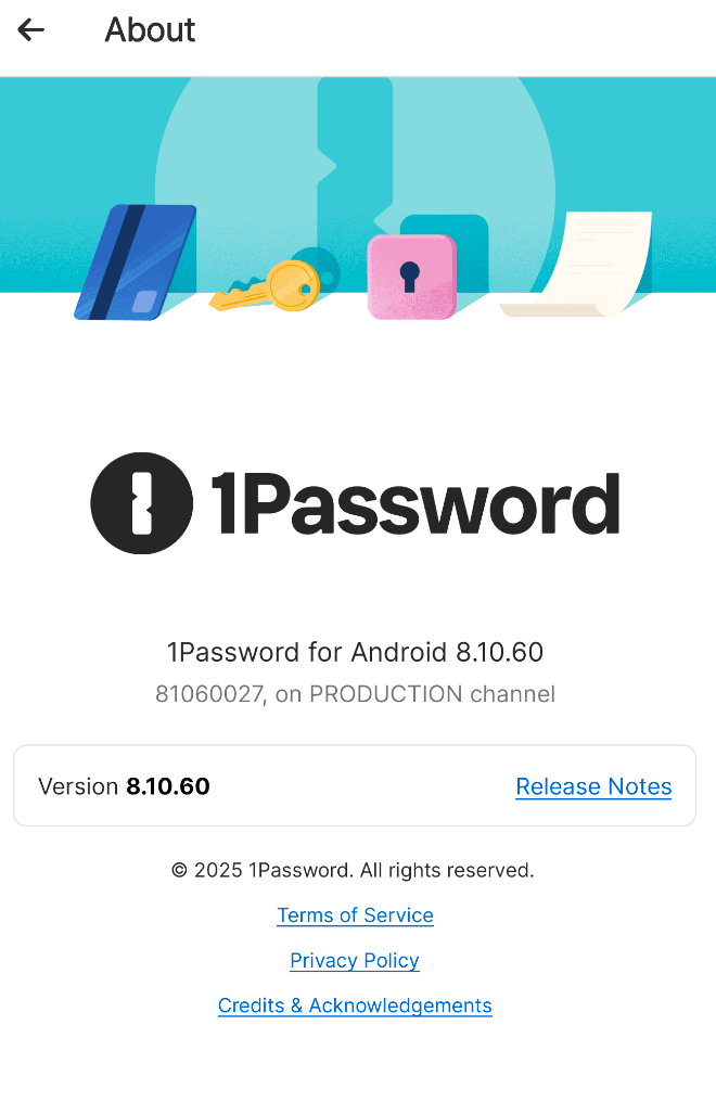 1Password for Android version number