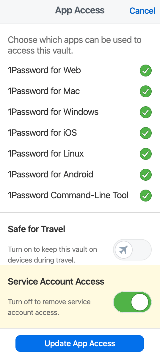The app access setting in a vault on 1Password.com, with 1Password for Web, Mac, Windows, and Linux selected.