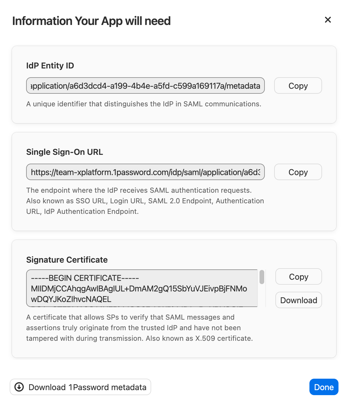 The 1Password access gateway setup wizard showing the option to provide XML to your service provider.