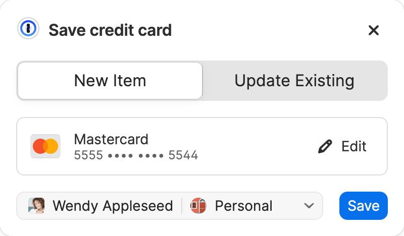 1Password automatically offering to save a credit card