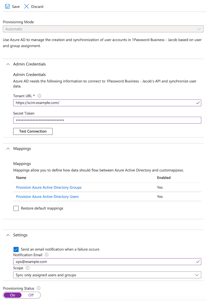 The Provisioning page with Provisioning Mode set to Automatic, the Tenant URL and Secret Token, and Provisioning Status set to On