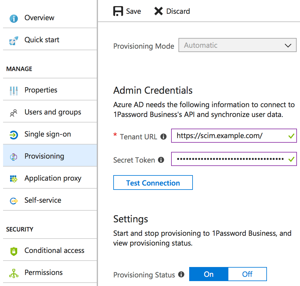 The Provisioning page with Provisioning Mode set to Automatic, the Tenant URL and Secret Token, and Provisioning Status set to On