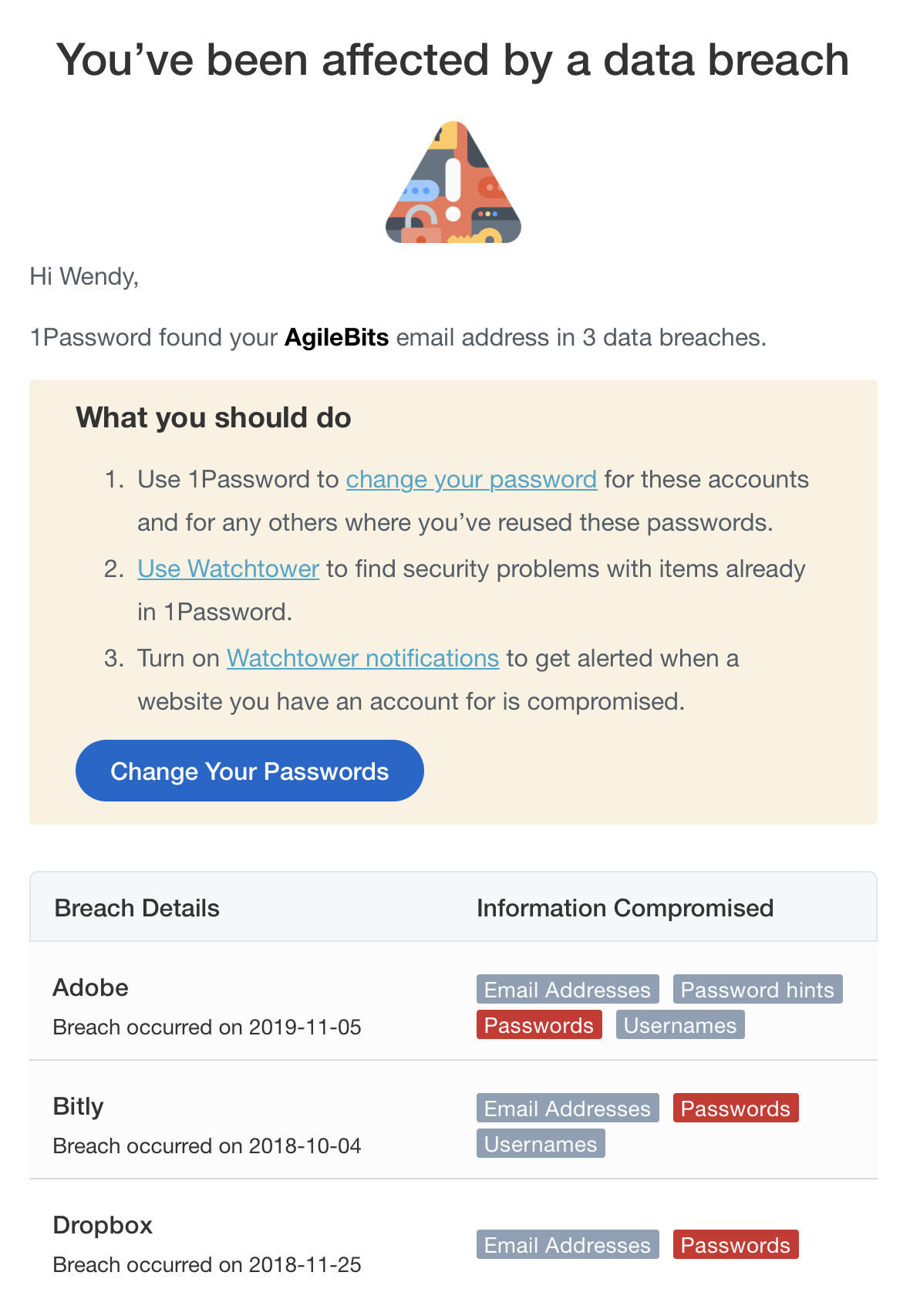 An email notifying someone of the data breaches they've been affected by and what to do about them.