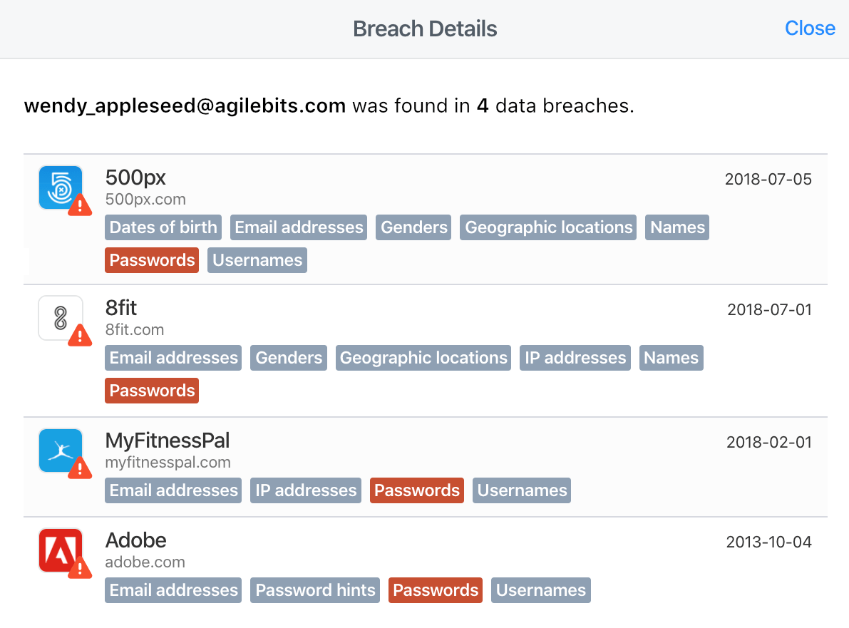 A list of breach details for wendy_appleseed@agilebits.com.