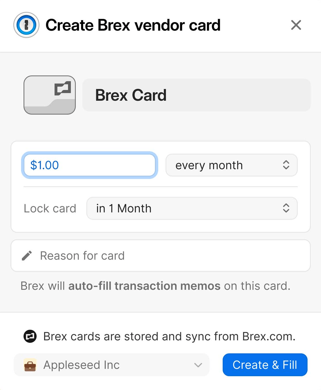 Use 1Password to pay with Brex virtual cards