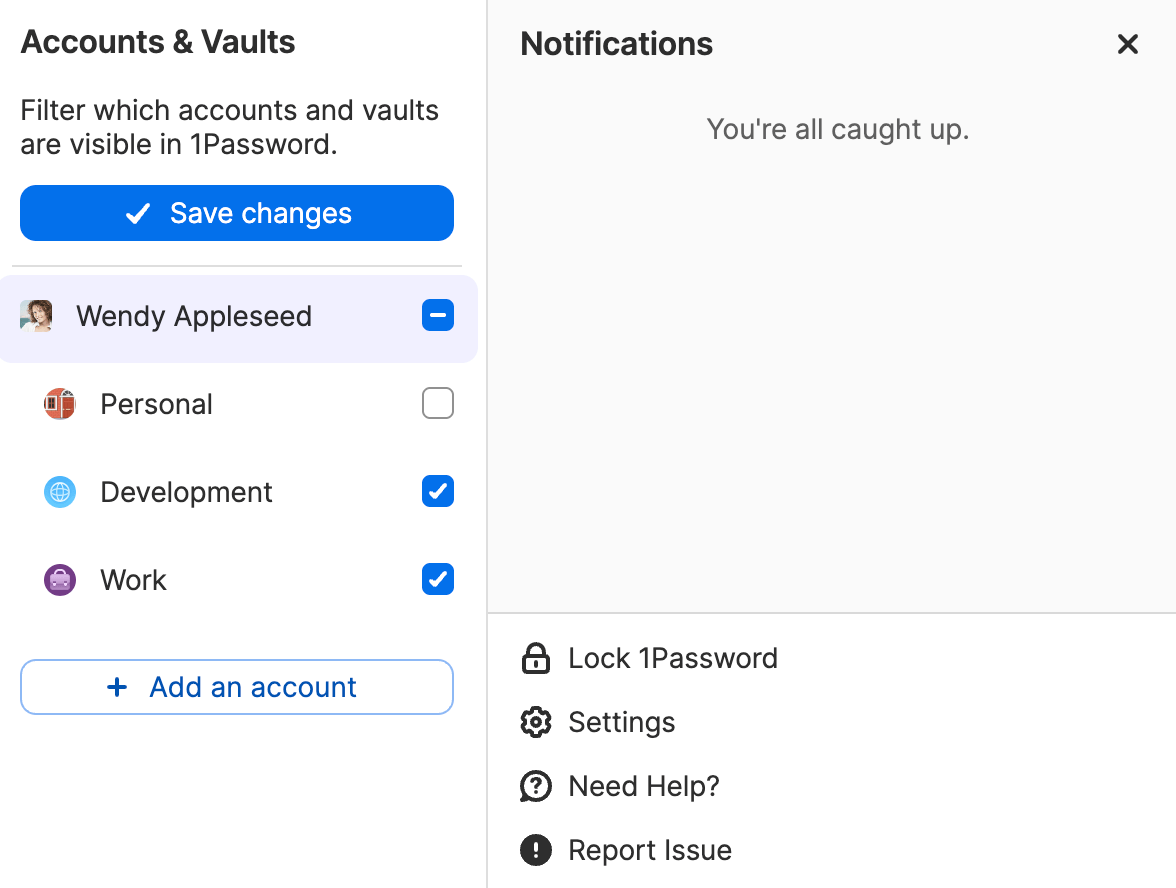 Account and vault list in the 1Password pop-up