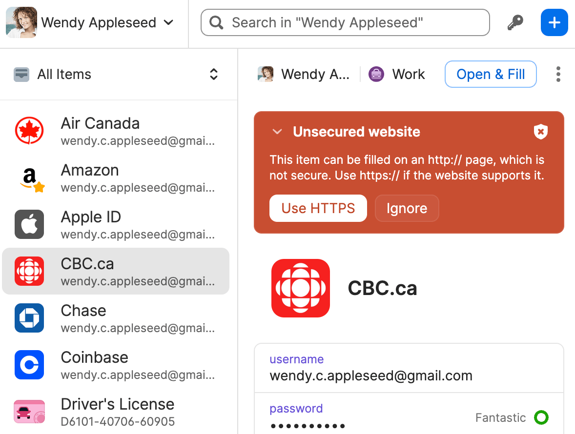 Item with a Watchtower banner in the 1Password pop-up