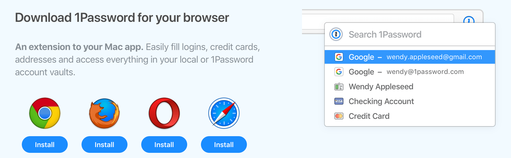The Downloads section for the 1Password extension