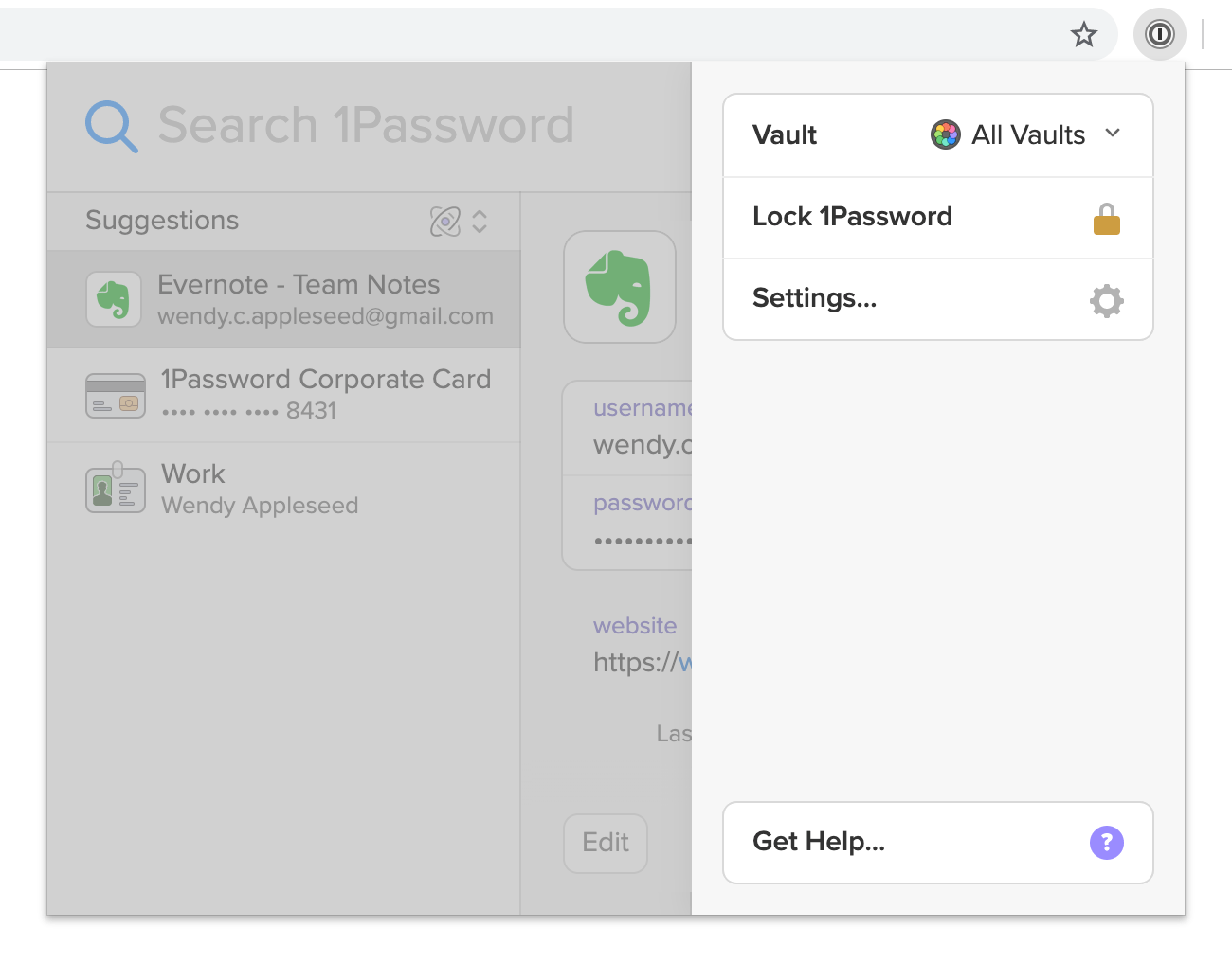 1Password X with the menu open to access Settings
