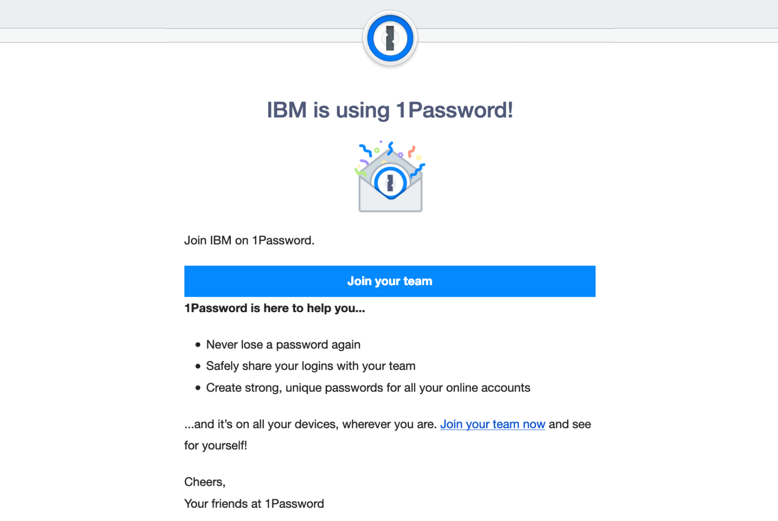 Invitation email to join IBM on 1Password
