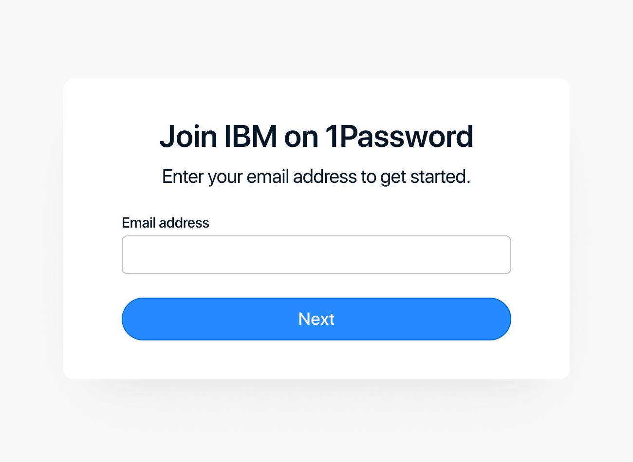 Enter your IBM email address to receive an invitation for 1Password