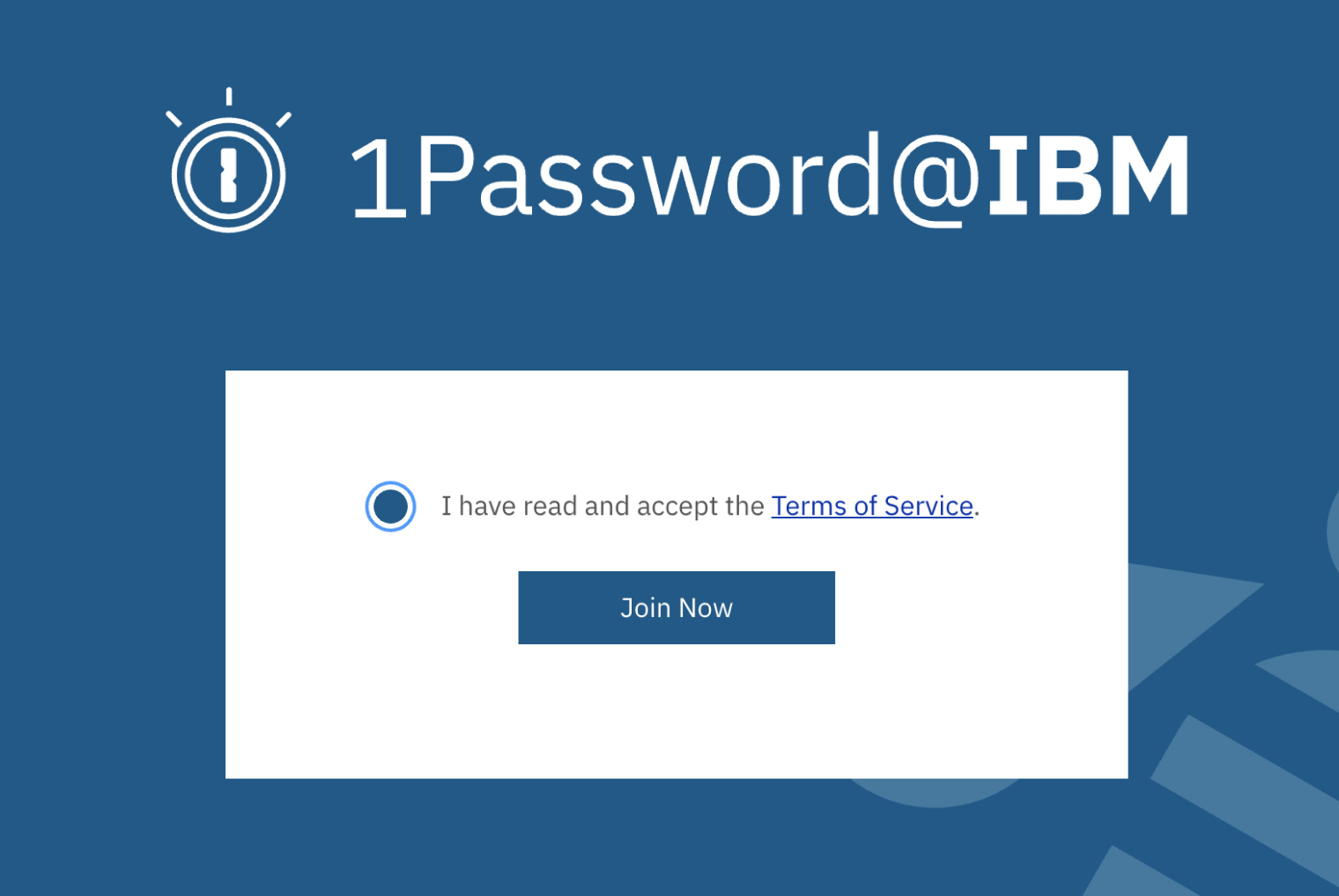IBM sign-up screen for 1Password