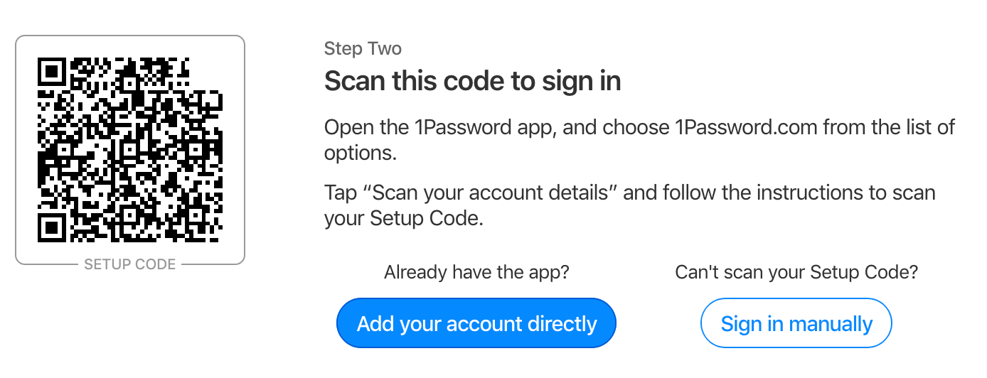 Your Setup Code for 1Password, with instructions for adding your account to a new device