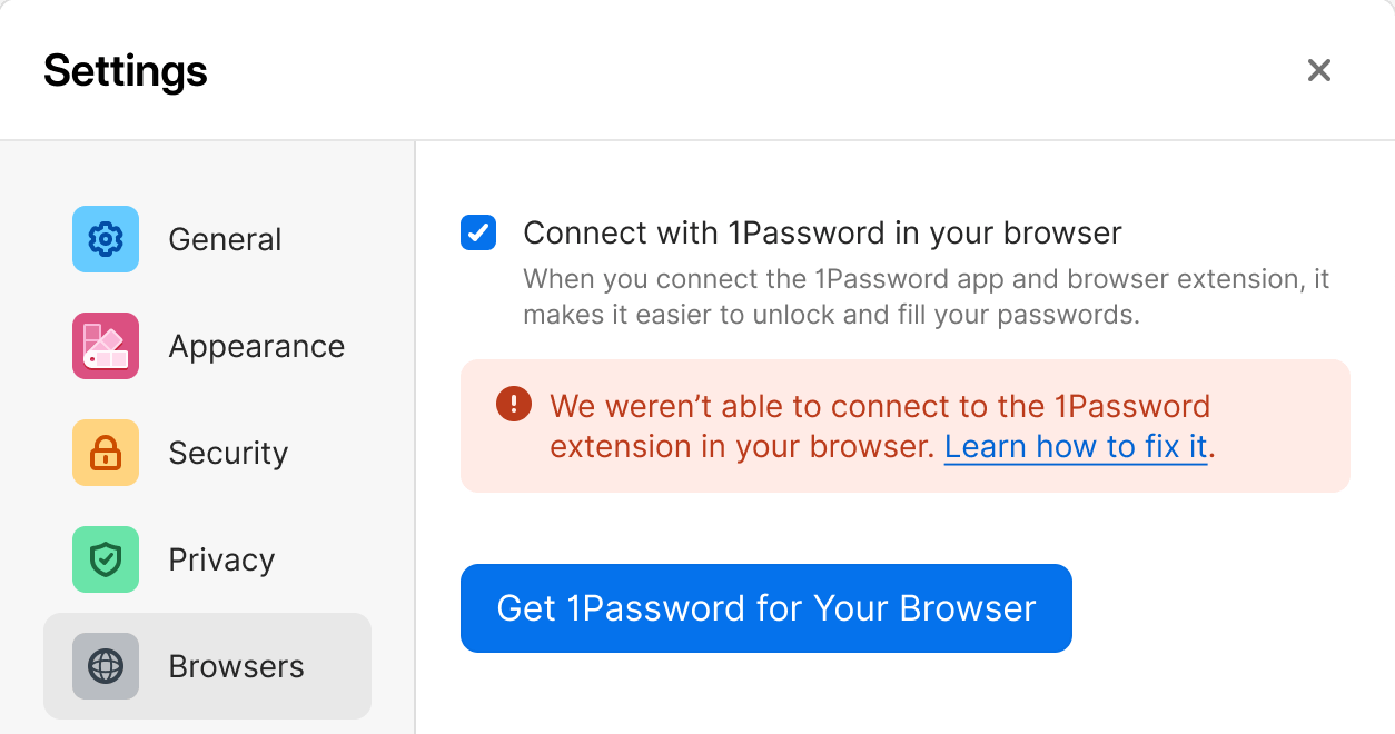 We weren't able to connect to the 1Password extension in your browser