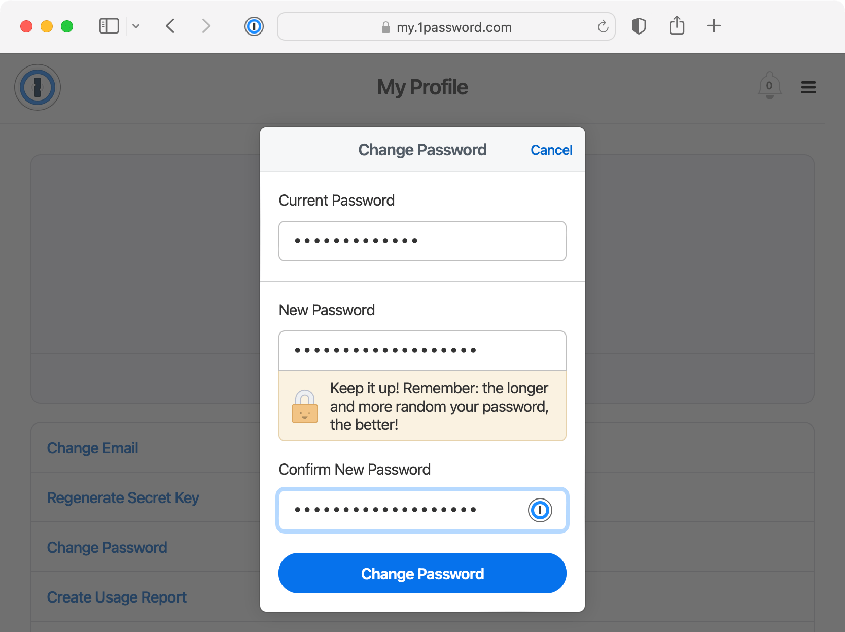The change account password prompt on 1Password.com.