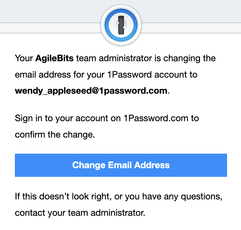 The email from 1Password to confirm the changed email address