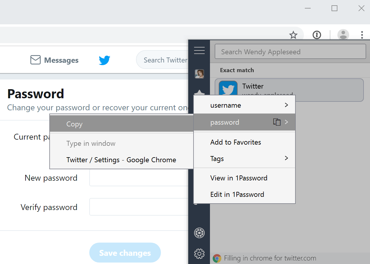 Utilisez l'extension 1Password pour copier votre mot de passe actuel