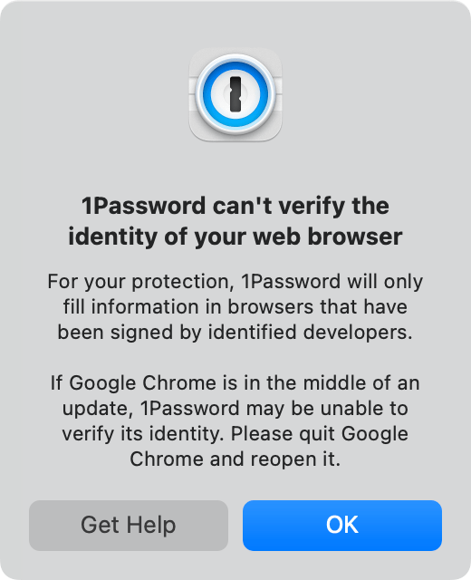 1Password can't verify the identity of your web browser