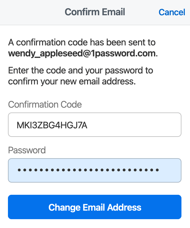 Enter your confirmation code and password to change your email address.