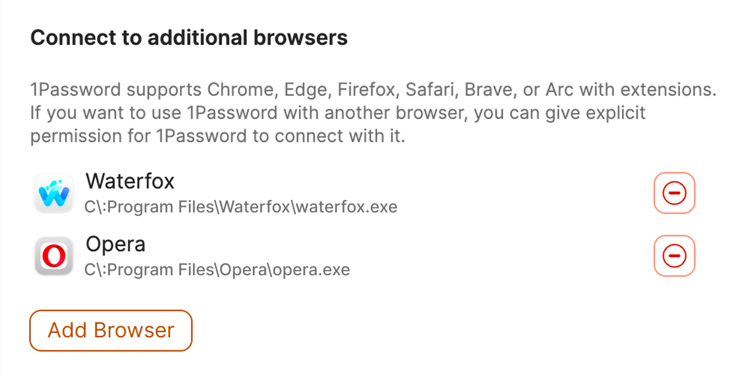 List of additional browsers a user has connected to 1Password.