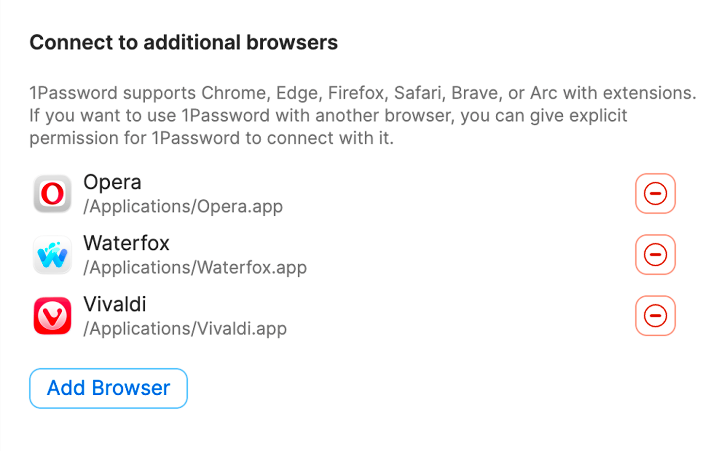 List of additional browsers a user has connected to 1Password.